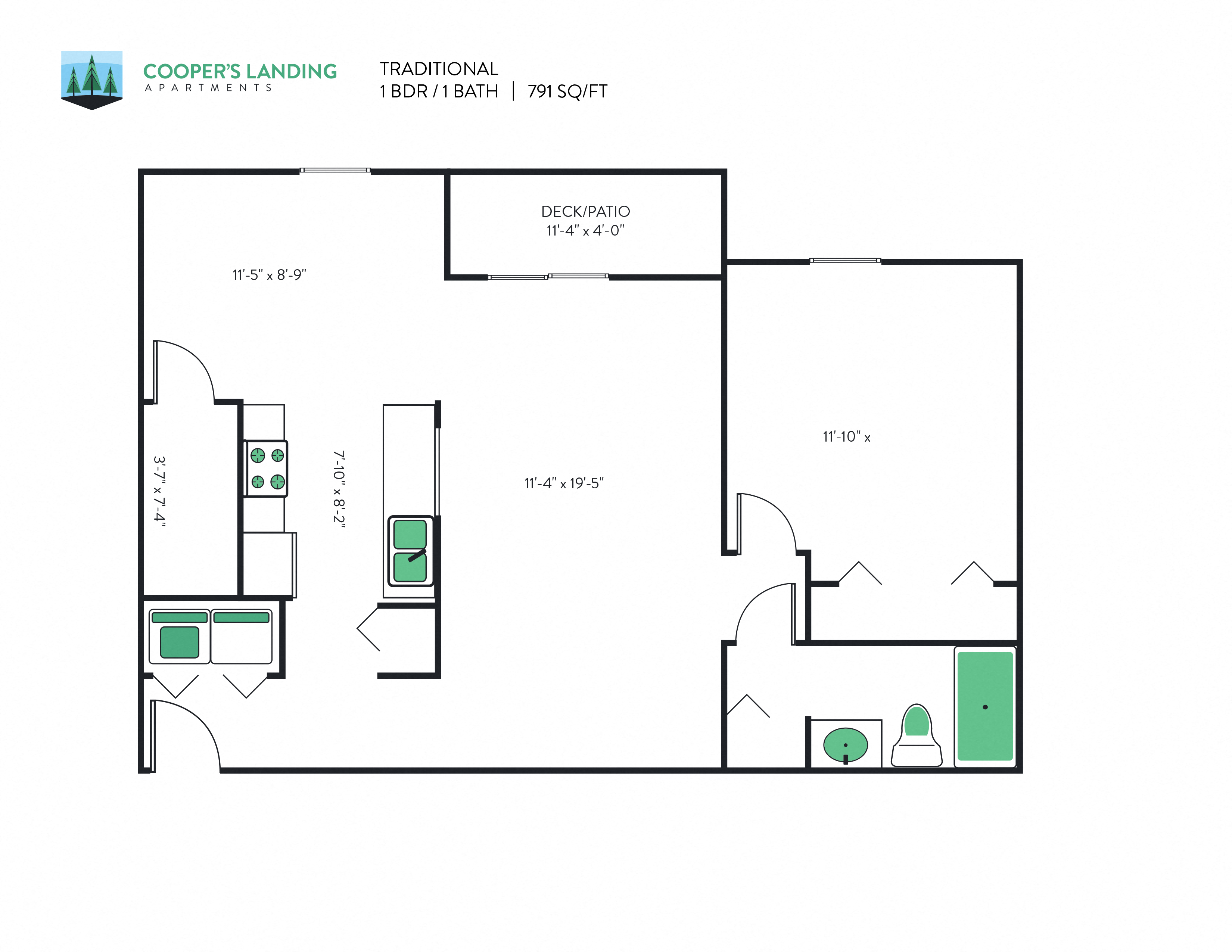 Floor plan for 1 bed, 1 bath, 791 sqft